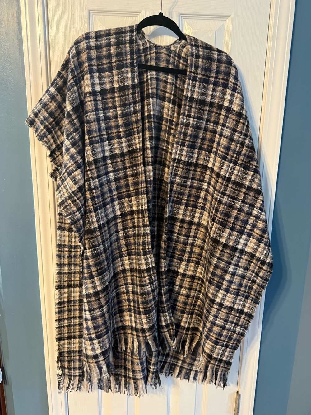 Plaid Fringe Open Front Poncho - Black and Cream